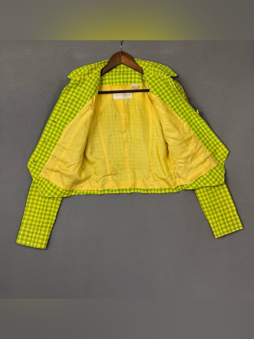 Vintage 90’s Dana Buchman Linen Lime Green + Yellow Gingham Blazer Jacket, 4 - Picture 10 of 13